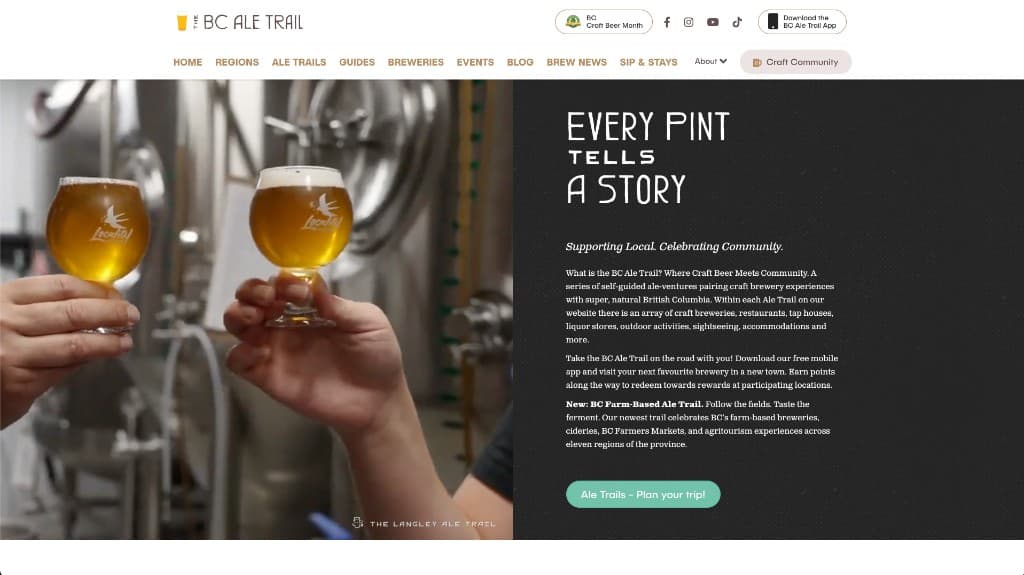 BC Ale Trail website with craft beer photography