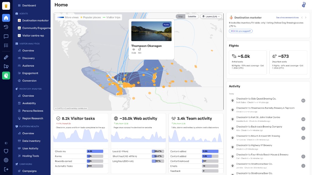 Home dashboard with the sidebar open, a visitor map, and destination marketer
